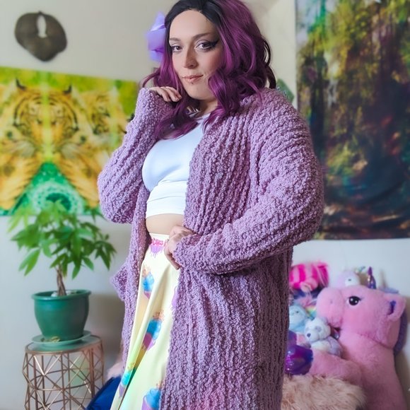 Cozy Popcorn Cardigan Sweater - Lilac - Picture 3 of 5